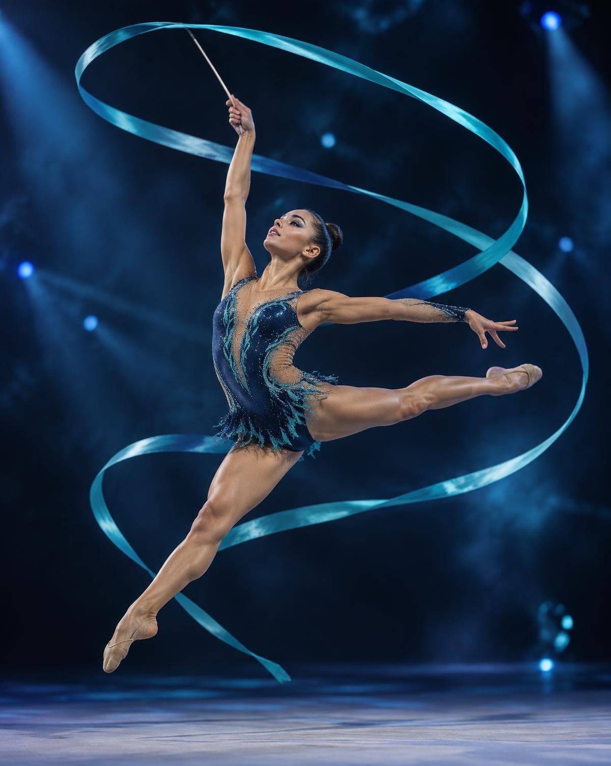 Gimnasta de gimnasia rítmica en salto con aro y cinta